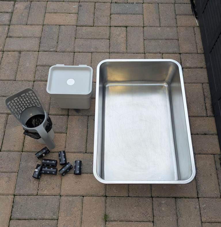Cat bundle - stainless steel litter tray, litter scooper and waste bin