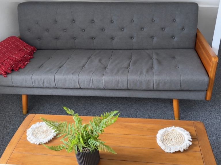 Grey 3-Seater Sofa with Wooden Arms and Button Detail