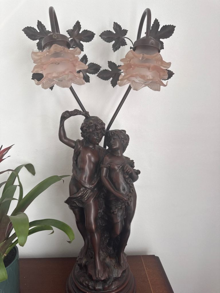 Vintage Cherub Table Lamp with Rose Glass Shades – Good Condition