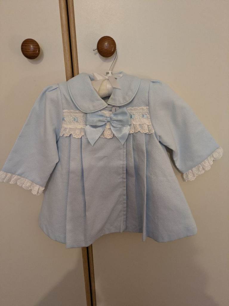 Little Nosh Designer Baby Girl's Blue & White Lined Dress Coat Size 9/12 Months