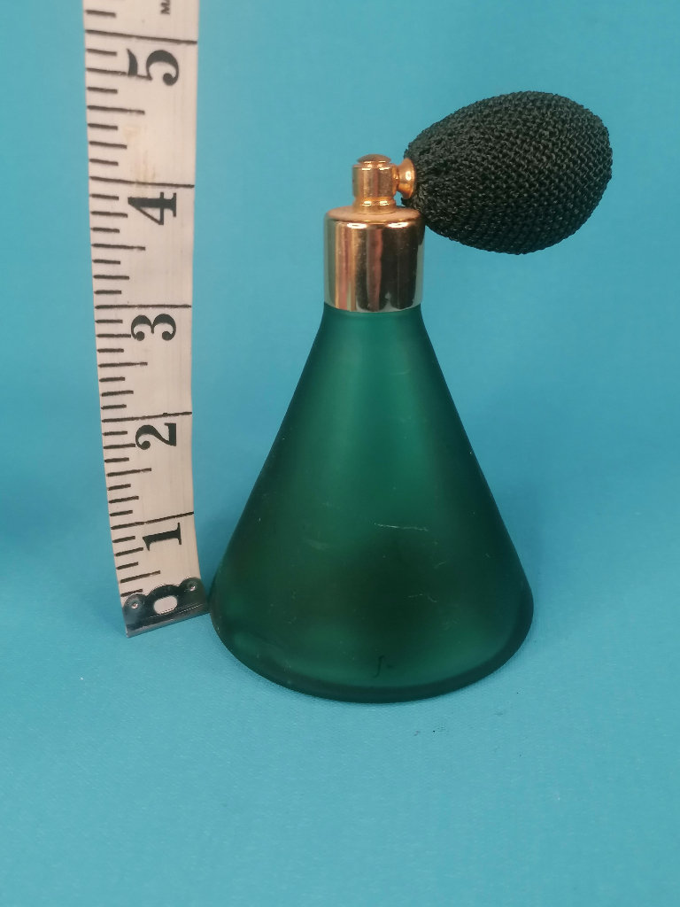 Vintage,2-inch Tall Beautiful Vintage Art Deco Frosted Green Perfume Atomizer Bottle. As seen..