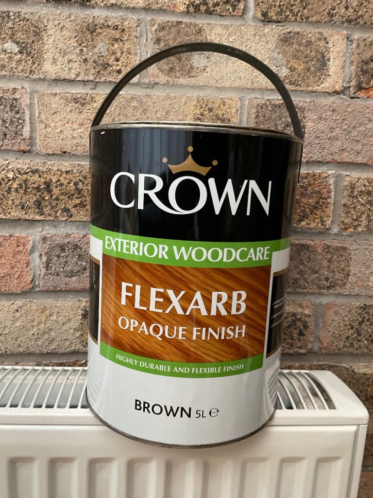 Unopened Crown Exterior wood care opaque finish brown