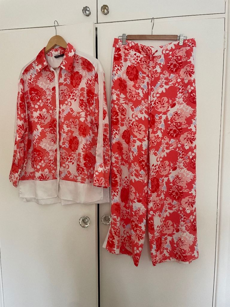 M&S Collection Coral Floral Shirt & Trousers Set – Size 14, Excellent Condition