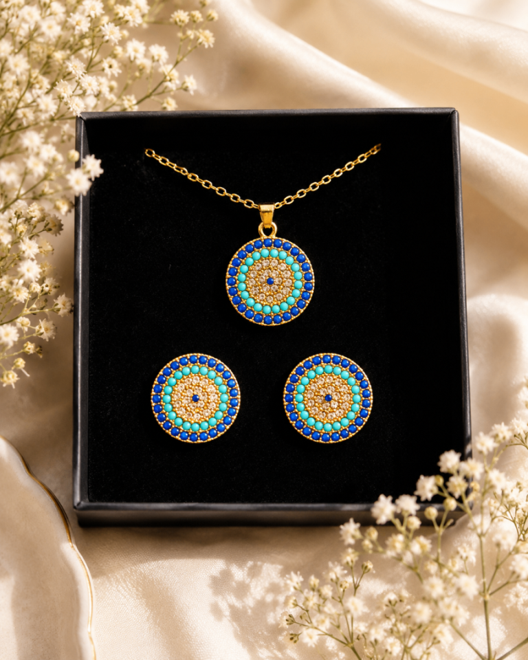 New Gold Tone Evil Eye Necklace, Bracelet, Ring, and Earrings Set