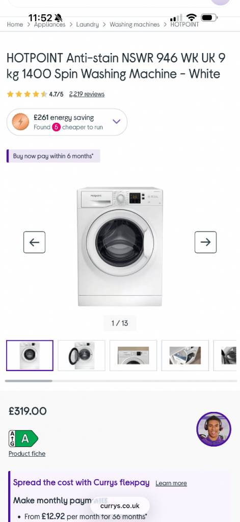 9kg Hotpoint 1400 Spin washing machine