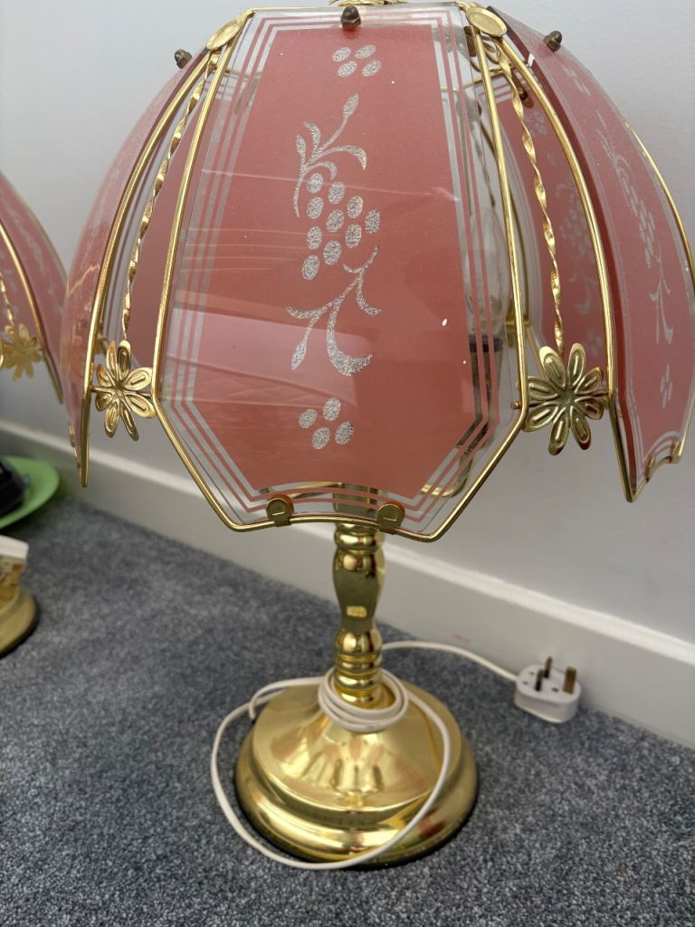 Vintage Brass & Red Glass Table Lamp and Chandelier Set