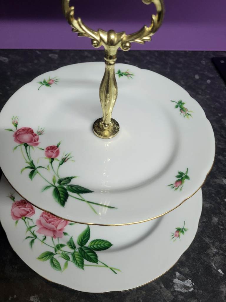 image for Vintage Style Christineholm Porcelain Rose 2 Tier Cake Stand. 