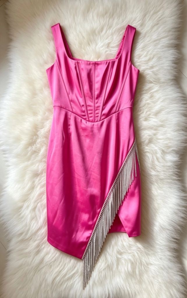 Stunning Pink Satin Mini Dress with Fringes – As New