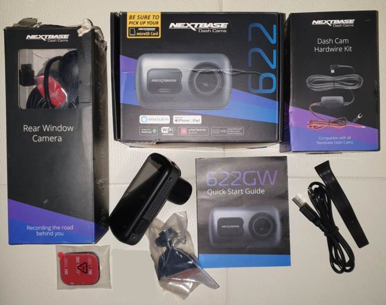 Nextbase 622GW Dashcam, Hardwire Kit, Rear Camera, memory card