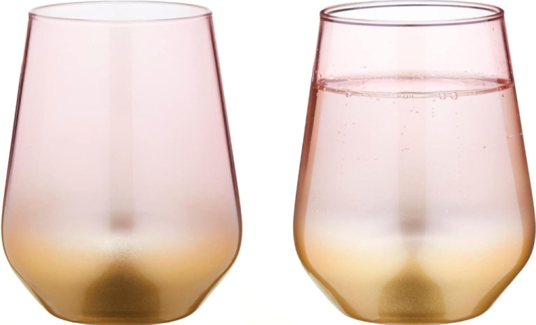 Wrenbury Set of 2 Gold and Pink Spray Stemless Wine Glasses 425ml