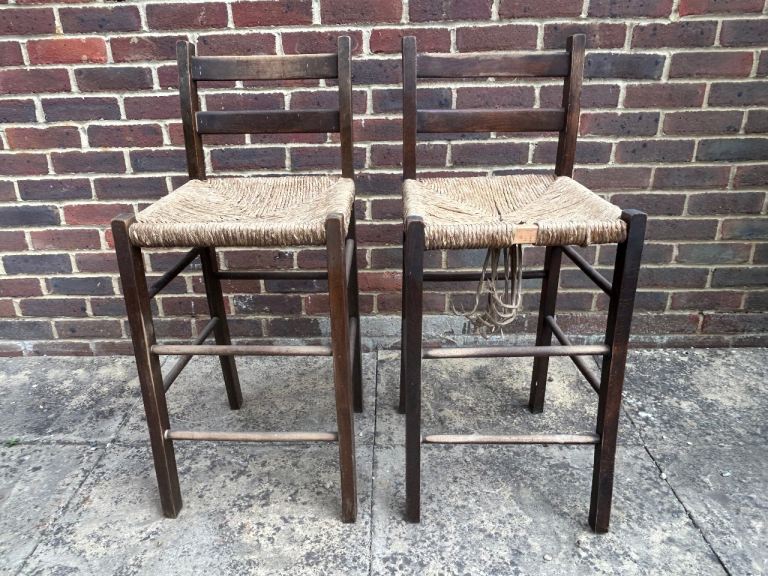 Pair of Rustic Wooden Bar Stools - Rush Seats (One Needs Repair)