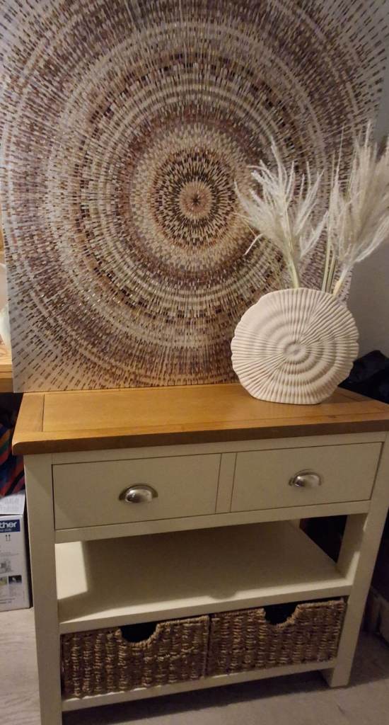 Canvas vase plus cream and oak console with seagrass baskets