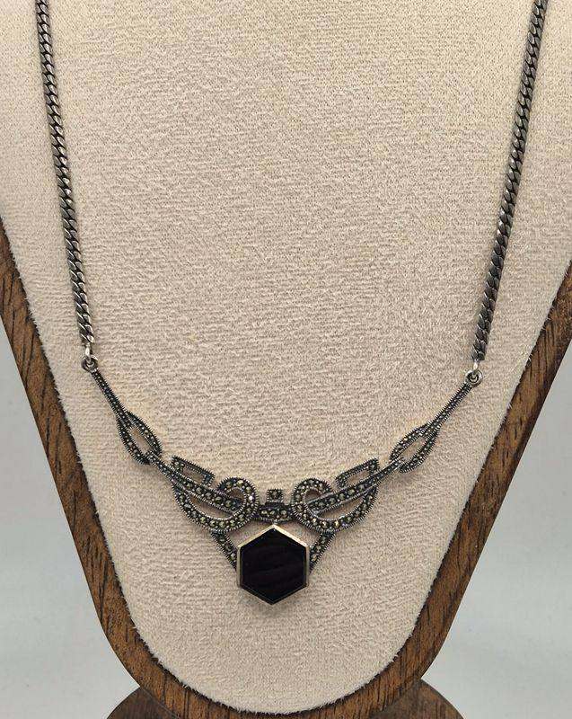 925 silver, marcasite and black onyx art deco style necklace