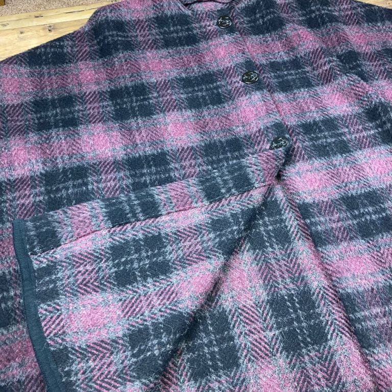 Tartan Blanket Cape Coat Wool Look Anchor Buttons One Size