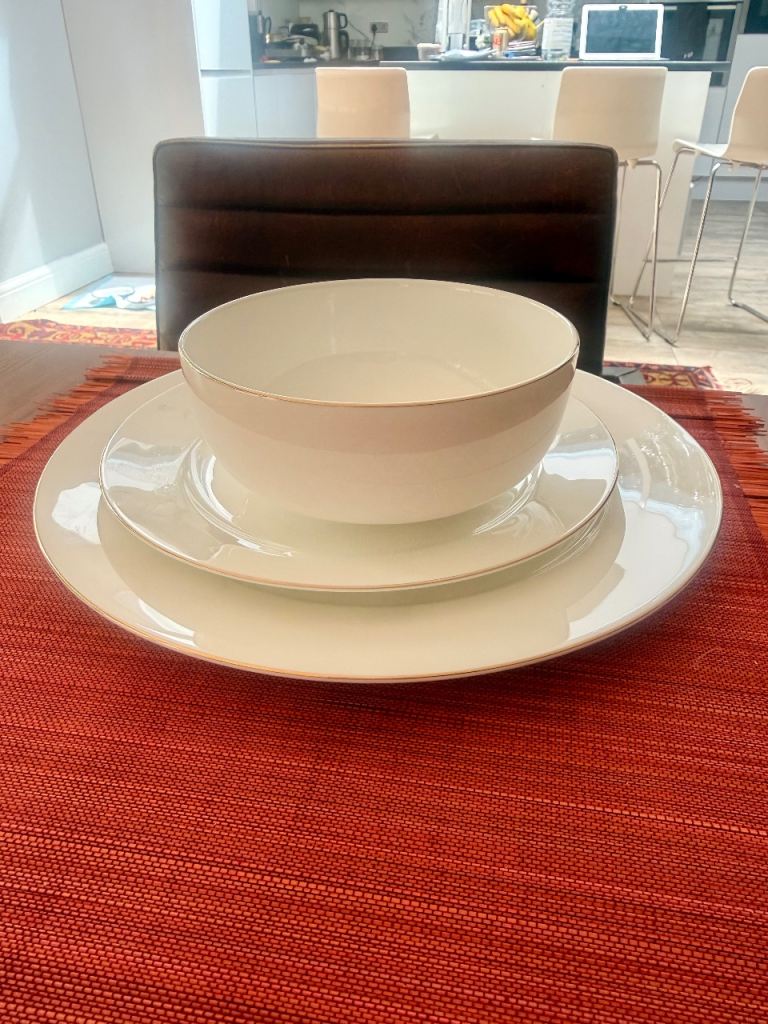 Limited Supply- Zara -Bone China Dinner Set with Trim ( 8 dinner, 8 soup, 8 side plates)