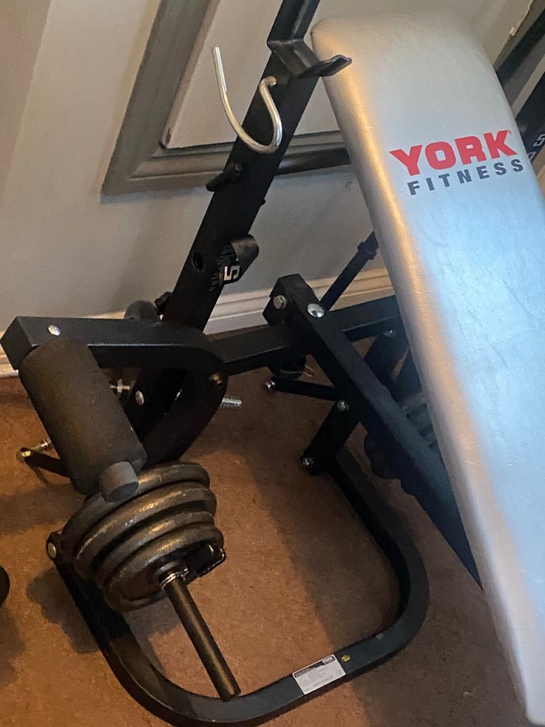 York Fitness Weight Bench with Weights and Dumbbells – Good Condition