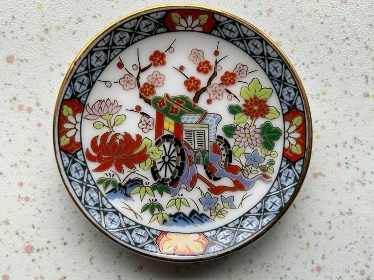 Rare Collectible Imari Ware Decorated Small Round Plate, Wagon, Cherry Tree & Blossoms