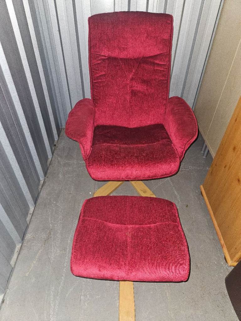 Red Fabric Swivel Recliner Chair And Footstool Bentwood Base Fully Working