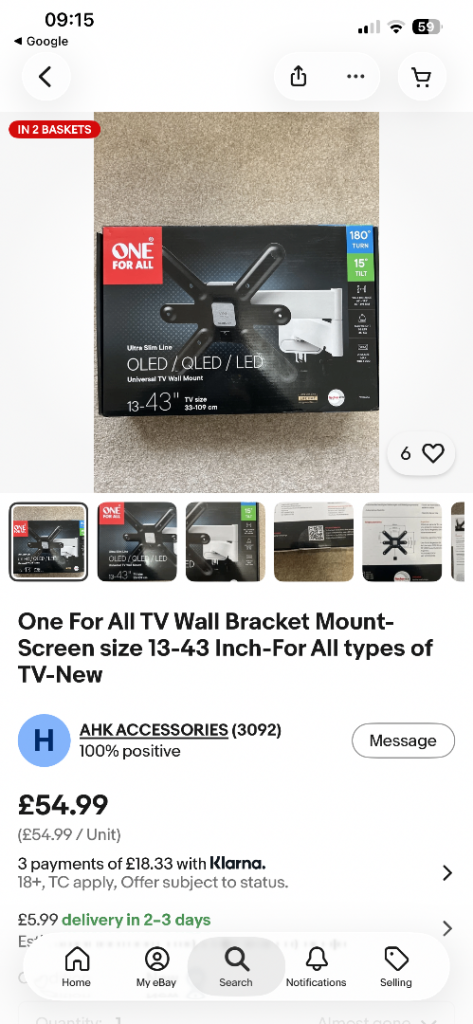 New One For All TV Wall Bracket Mount-Screen size 13-43 Inch-For All types TVS BARGAIN !!!!!