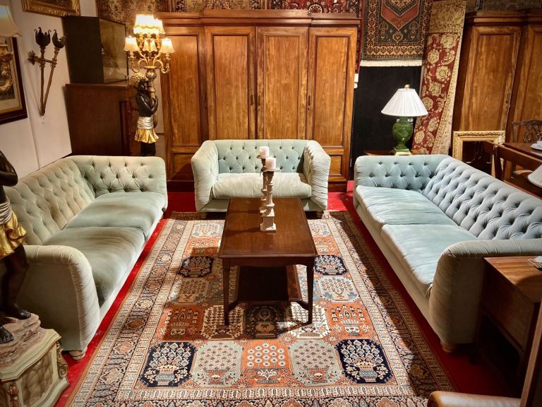 Chesterfield Sofa by Tetrad Truffle Grand & Snuggle Sofas in Duck Egg Blue Fabric