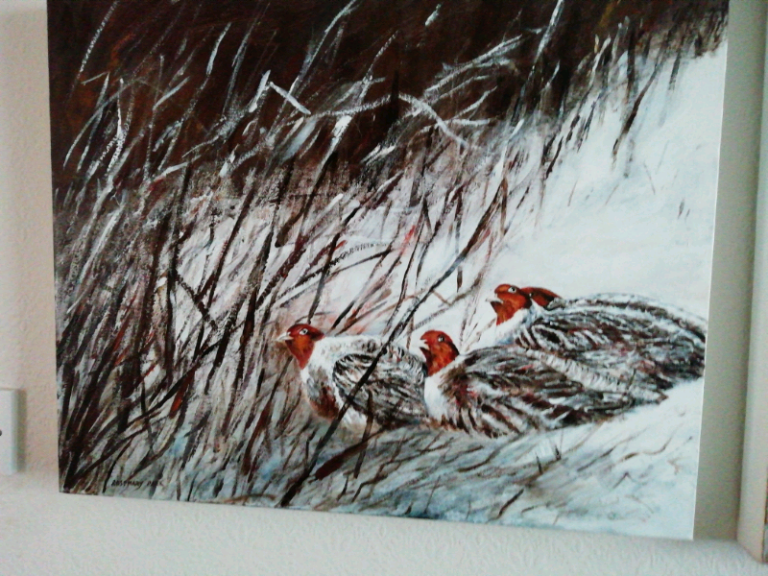 Original Art painting of partridges in the snow