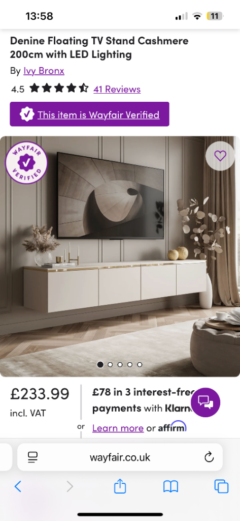 Ivy Bronx Denine Floating TV Stand Cashmere 200cm with LED Lighting – New