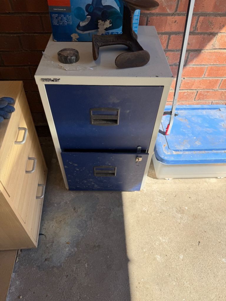 Metal Two-Drawer Filing Cabinet - Blue/Grey, Fair Condition