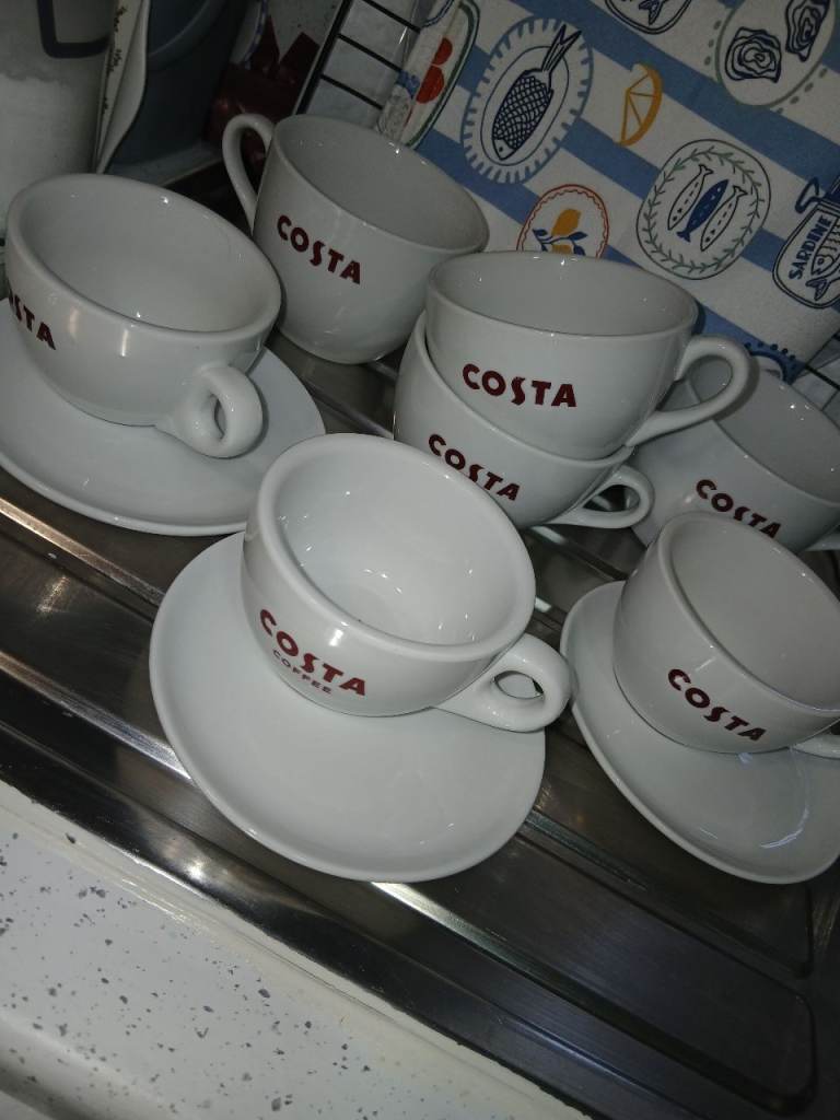 Set of Costa Coffee Cups and Saucers – White, Good Condition
