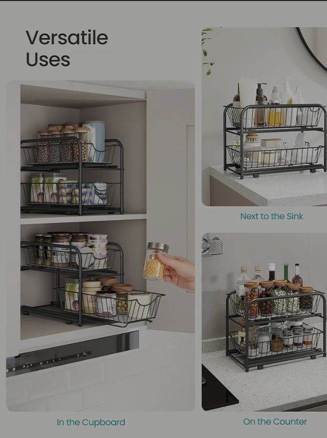 A new still boxed flat packed black metal  Cupboard Organiser, 