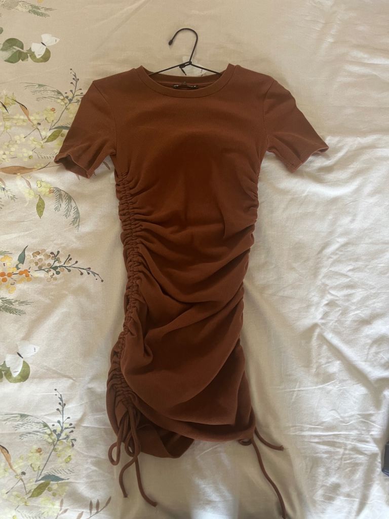 Zara Brown Ruched Ribbed Mini Bodycon Dress