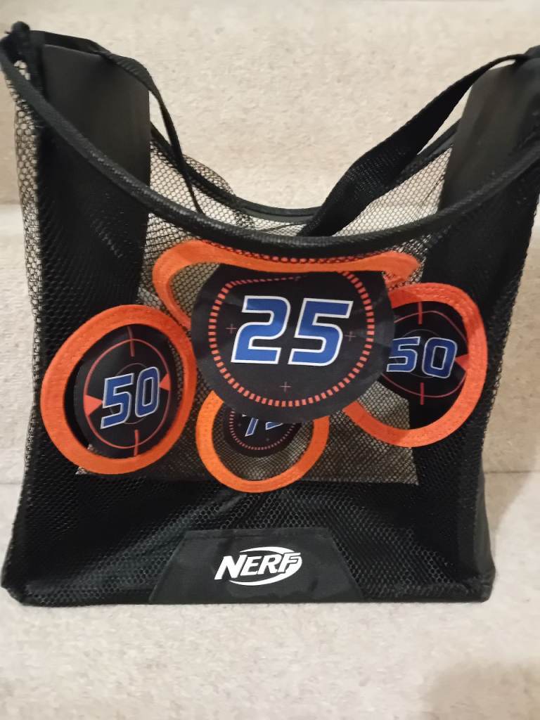 NERF Elite target bag and a Nerf Elite 2.0 blaster gun with 8 pellets. .