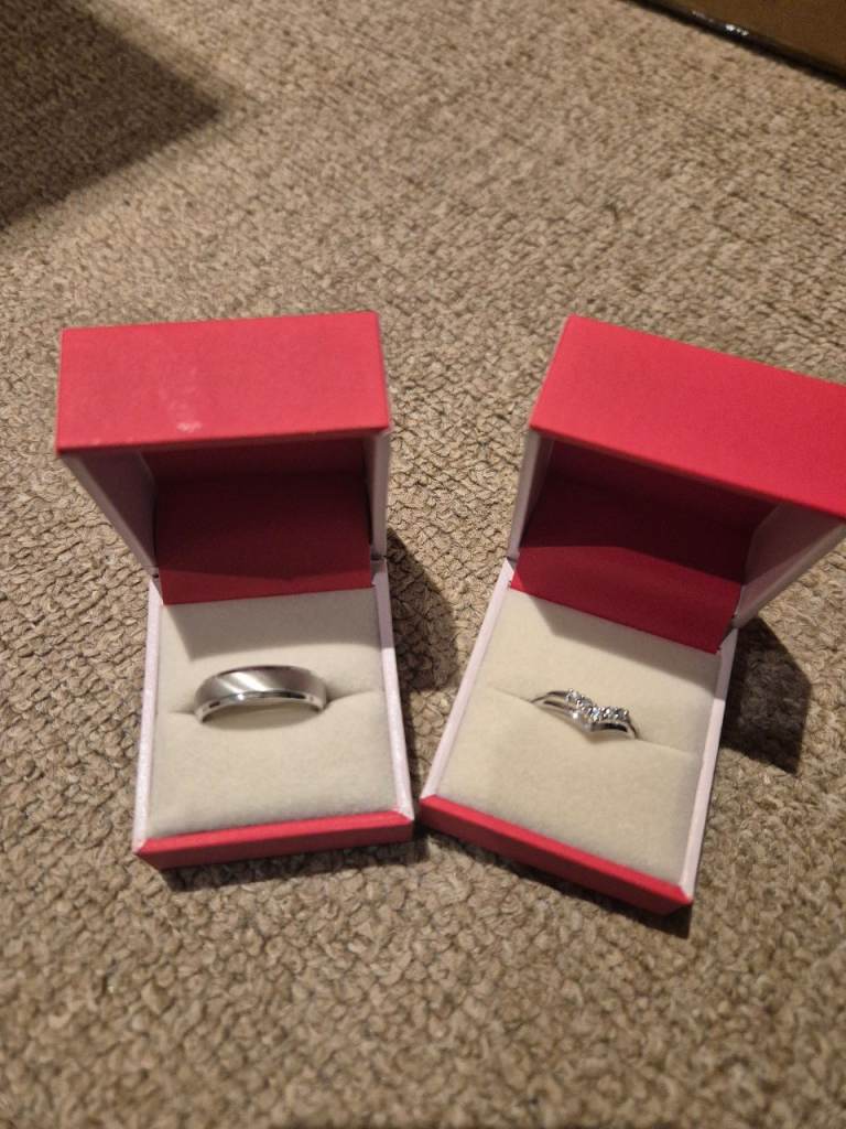 Two Wedding Rings Male Silver Female White Gold– Male Size V, Female Size M