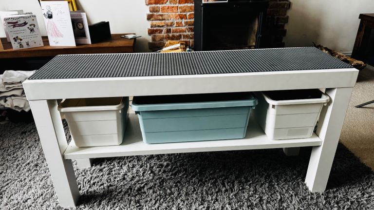 Lego table with storage tray and three storage boxes