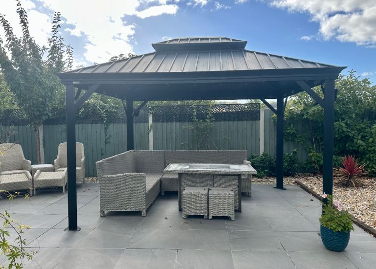 LARGE Premium Sojag Messina Hardtop Gazebo (3m x 3.7m) with Curtains. 2 Yrs Old