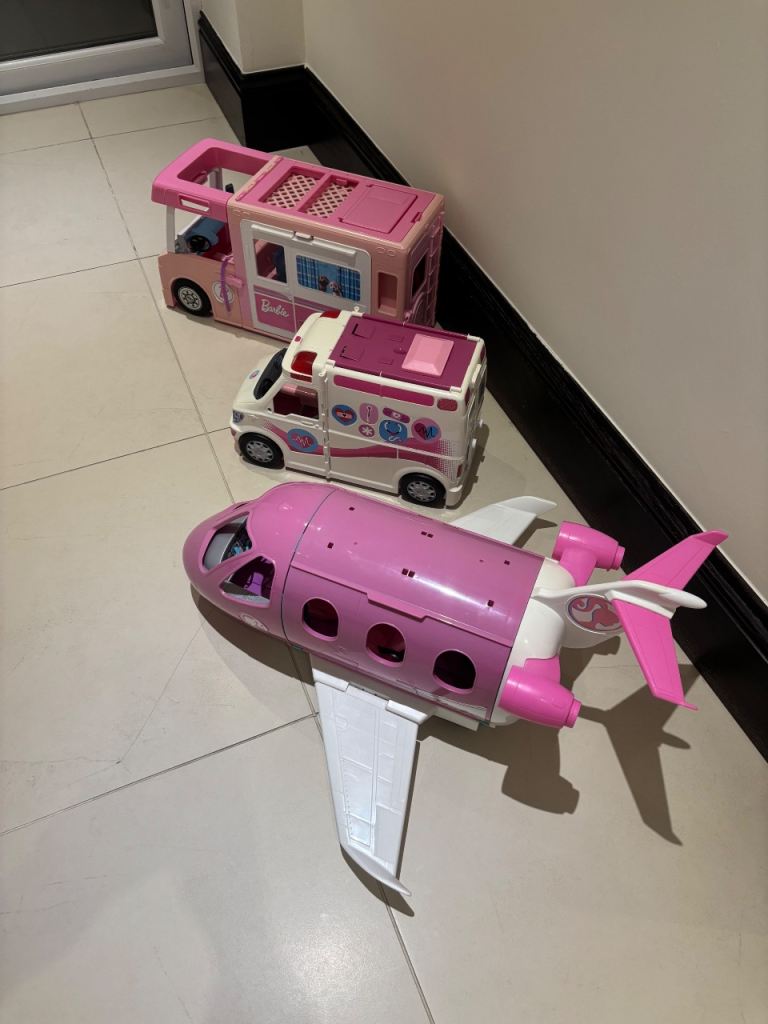 Large Barbie Play set with camper van, plane, ambulance and scooter