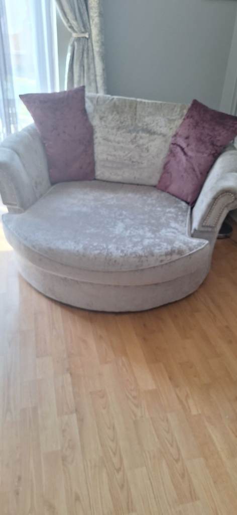 Large Round Grey Fabric Swivel Chair - Needs TLC