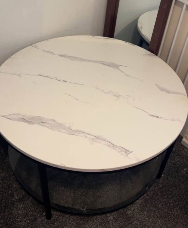 Round Coffee Table with Faux Marble Top – Good Condition