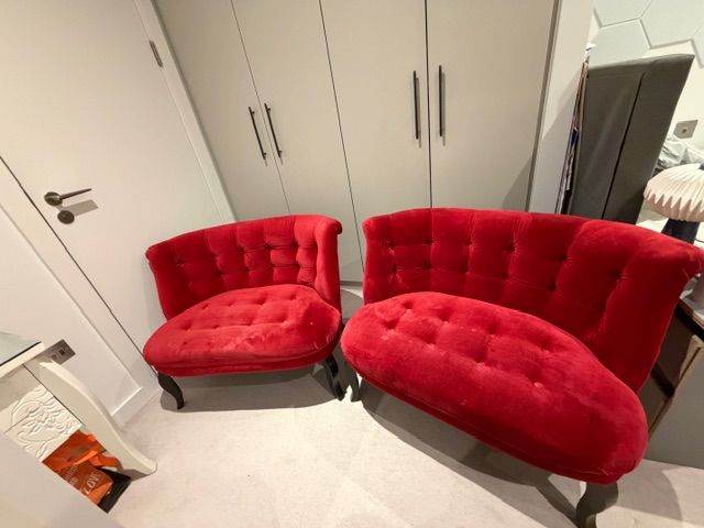 2 x Velvet Mulberry Red Loveseat Sofa - Oliver Bonas
