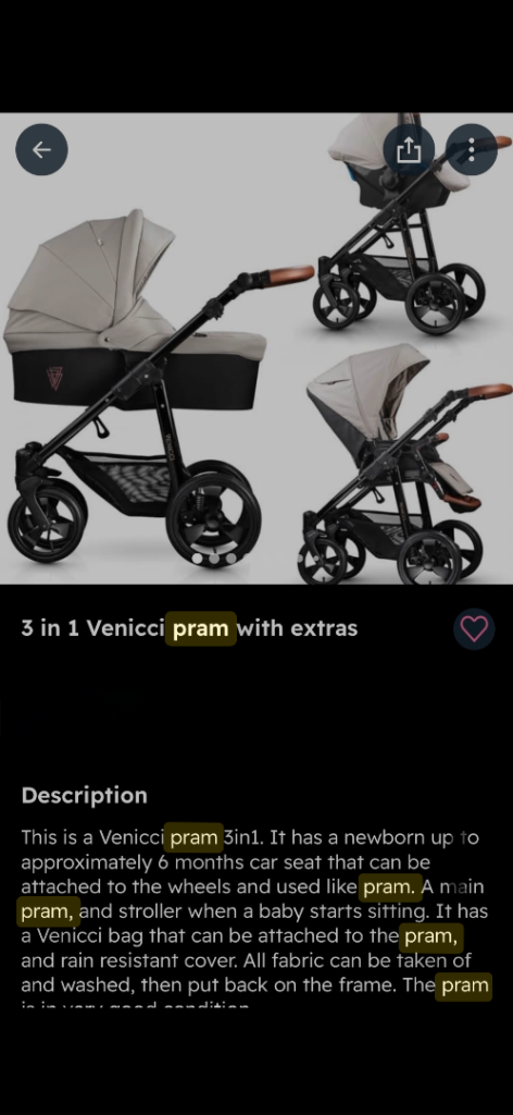 3 in 1 grey venicci pram with car isofix rain cover , bag , and wheel covers 