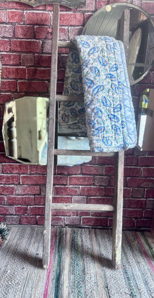 A straight Vintage wooden step ladder,towel rail,shelving,