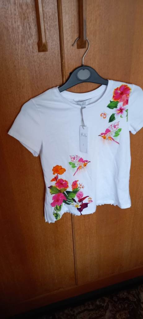 New White T-Shirt with Floral and Bird Print on front