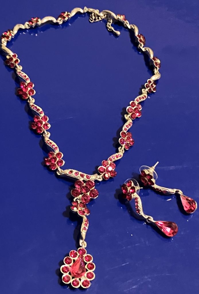 Ladies Jewellery Pink Cubic Zirconia Necklace & Earrings Set.
