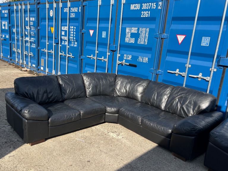 Black Leather Corner Sofa and Armchair Set 