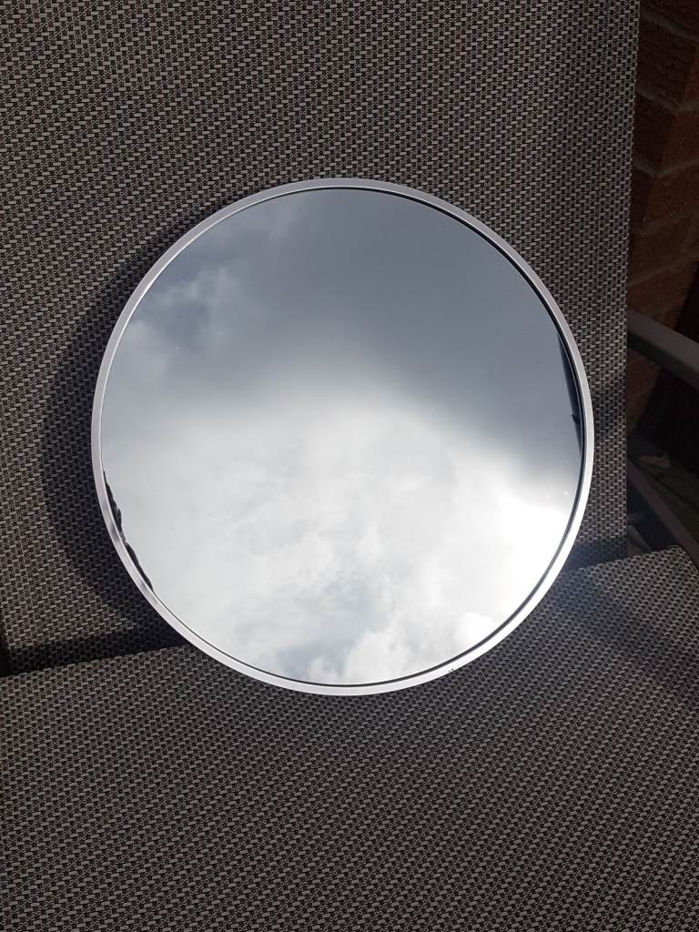image for Circular mirror with brushed-metal rim. 40cms diameter. With fittings. 