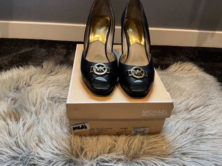 Michael Kors Women’s Black Leather With Gold MK, Rochelle Wedge,  Size UK 6