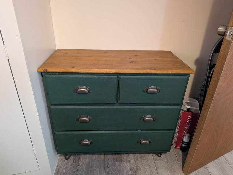 Green Wooden Chest of Drawers with Pine Top – Good Condition