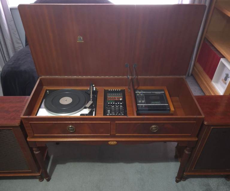 Vintage Dynatron HFC 206 music system with twin speakers and record cabinet