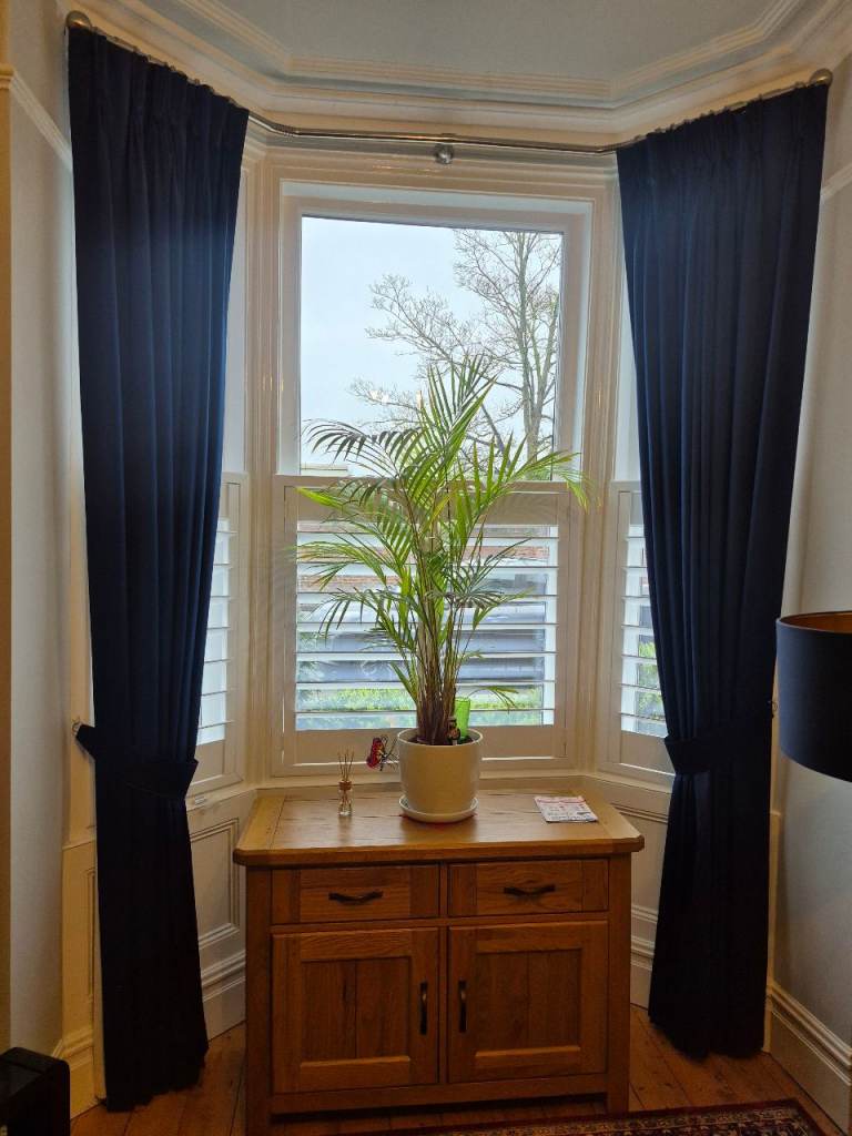 Pair of Lined curtains, width 250cm x drop 284cm, dark blue, excellent condition 