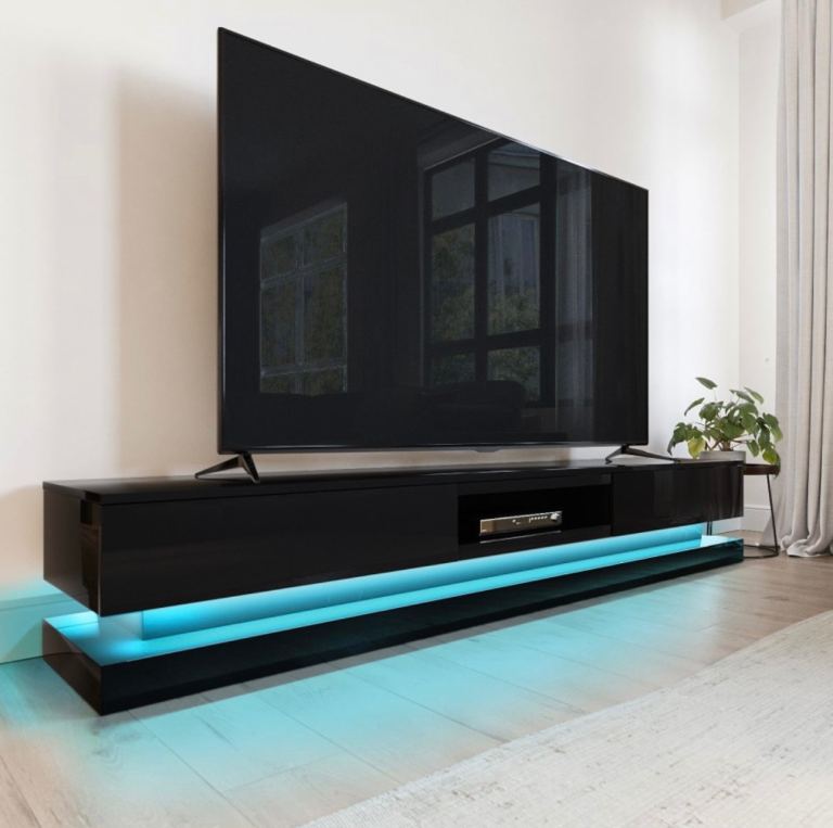 Large Black Gloss TV Stand With Storage & LED Lights