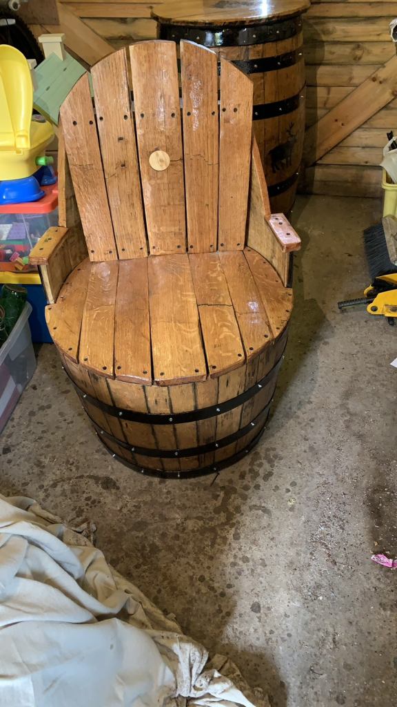 Whisky barrel chairs 2 in stock with barrel table to match 